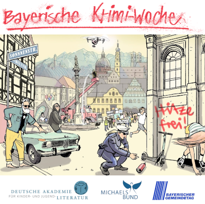 Bayerische Krimi-Woche: Krimi-Wimmelbild zum Krimi-Schreibwettbewerb 2022/23 (Illustration: Markus Lefrançois)