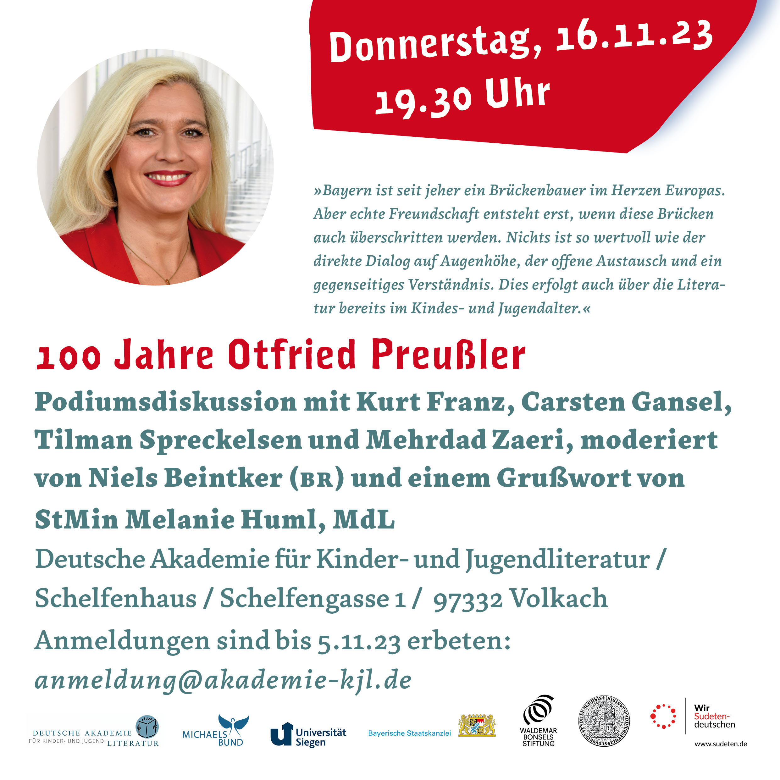 Grußwort StM'in Melanie Huml zu "100 Jahre Otfried Preußler" - Podiumsgespräch am 16.11.2023 in Volkach