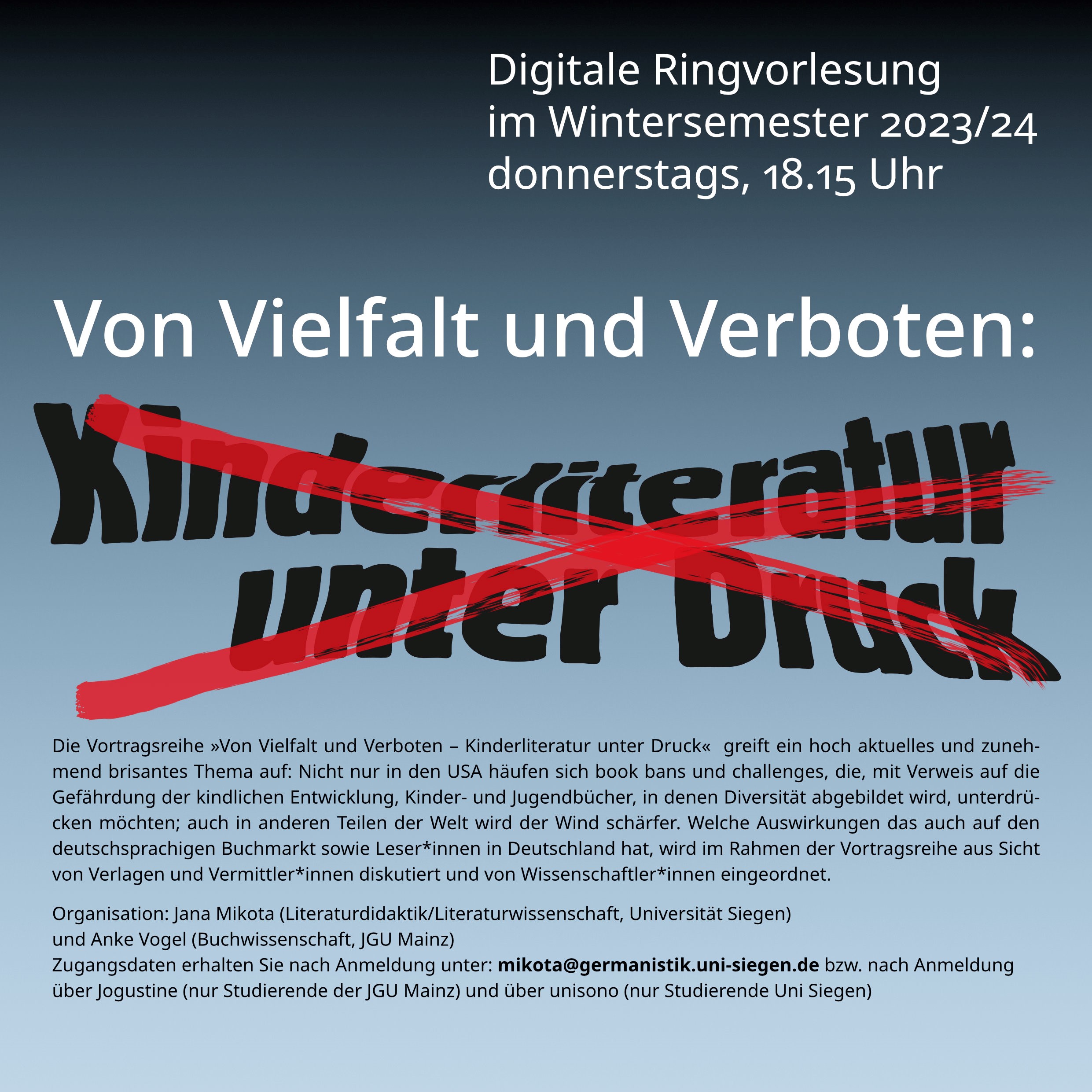 Von Vielfalt und Verboten – Kinderliteratur unter Druck | Digitale Ringvorlesung im Wintersemester 2023/24 (Unis Mainz/Siegen)